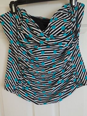 Cactus Black White Striped Swim Tankini Top with Teal Polka Dots